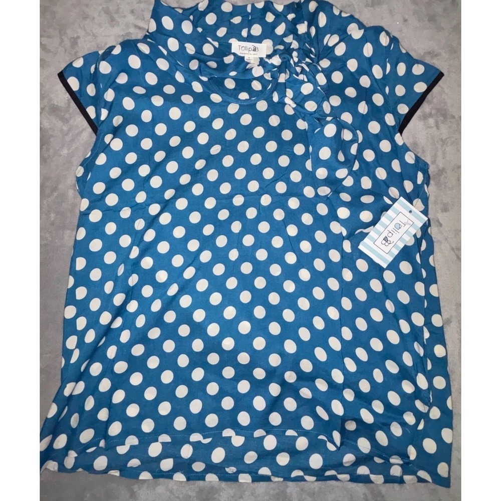 Tulip Women's Medium Blue White Polka Dot Rayon Short Sleeve Blouse NWT